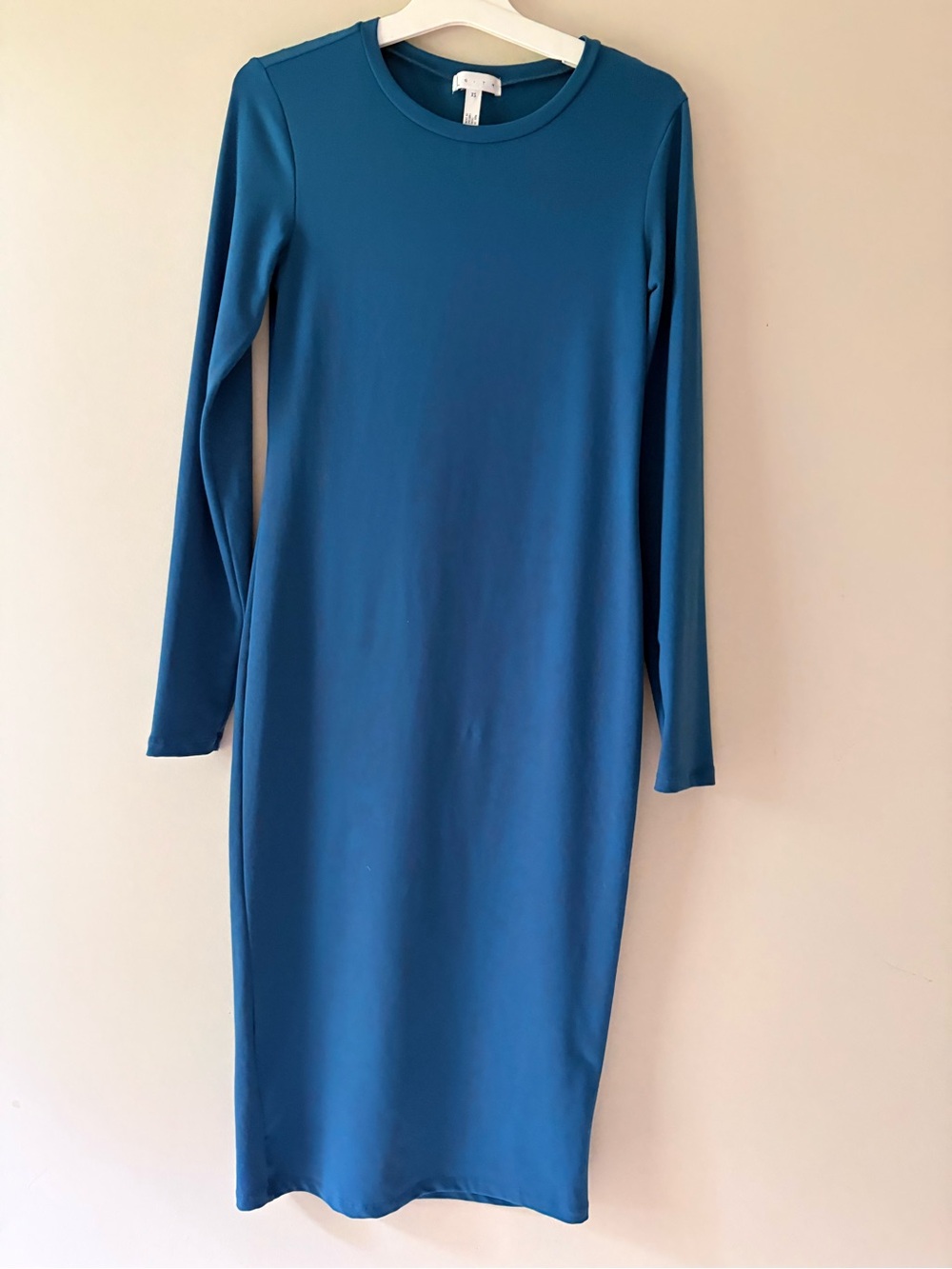 Leith XS Rich Teal Curvy Bodycon Midi Dress Long Sleeve Scoop Neck Stretchy
